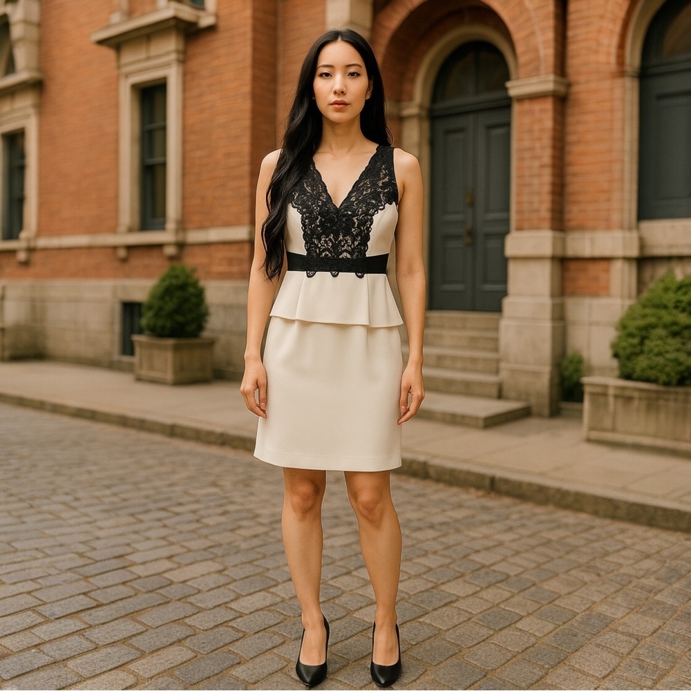 Antonio Milani Elegant Black and Cream Lace Dress NWT